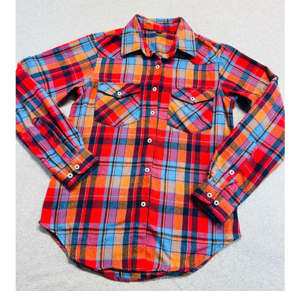 Design In Italy Flannel Shirt Womens S Red Orange Blue‎ Plaid Western Button Up
